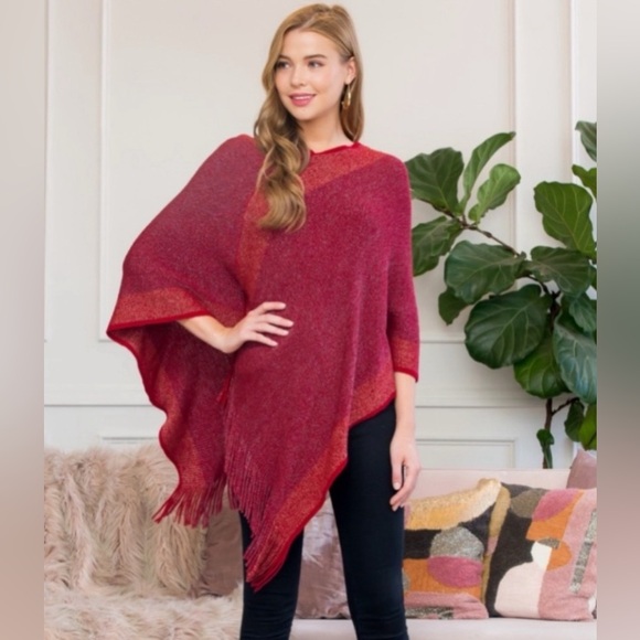 Riah Fashion Sweaters - WOMENS ULTRA SOFT TWO TONE FRINGE PONCHO-RIAH FASHION ONE SIZE NEW